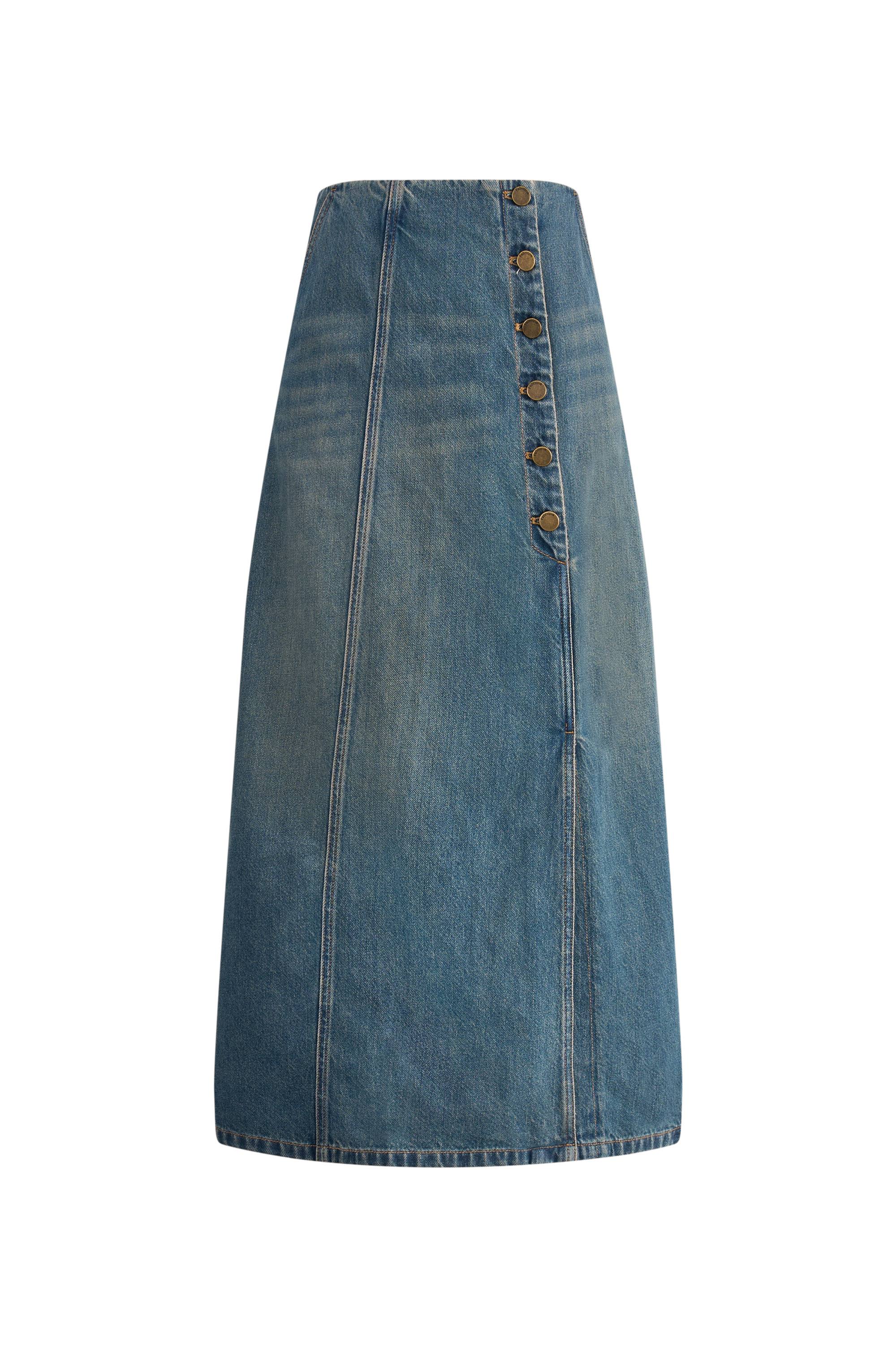 Mariette Asymmetrical Placket Maxi Skirt in Cotton Denim - Image 8