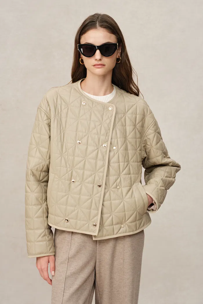 Marina Double-Breasted Puffer Coat in Vegan Leather - Image 5