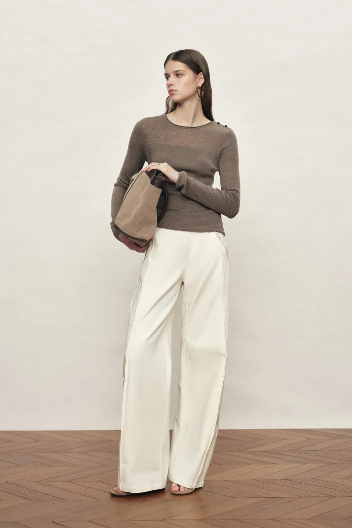 Mariselle Crew-Neck Fitted Long Sleeve Top in Merino Wool Knit - Image 3