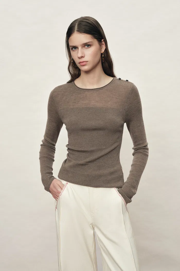 Mariselle Crew-Neck Fitted Long Sleeve Top in Merino Wool Knit - Image 4