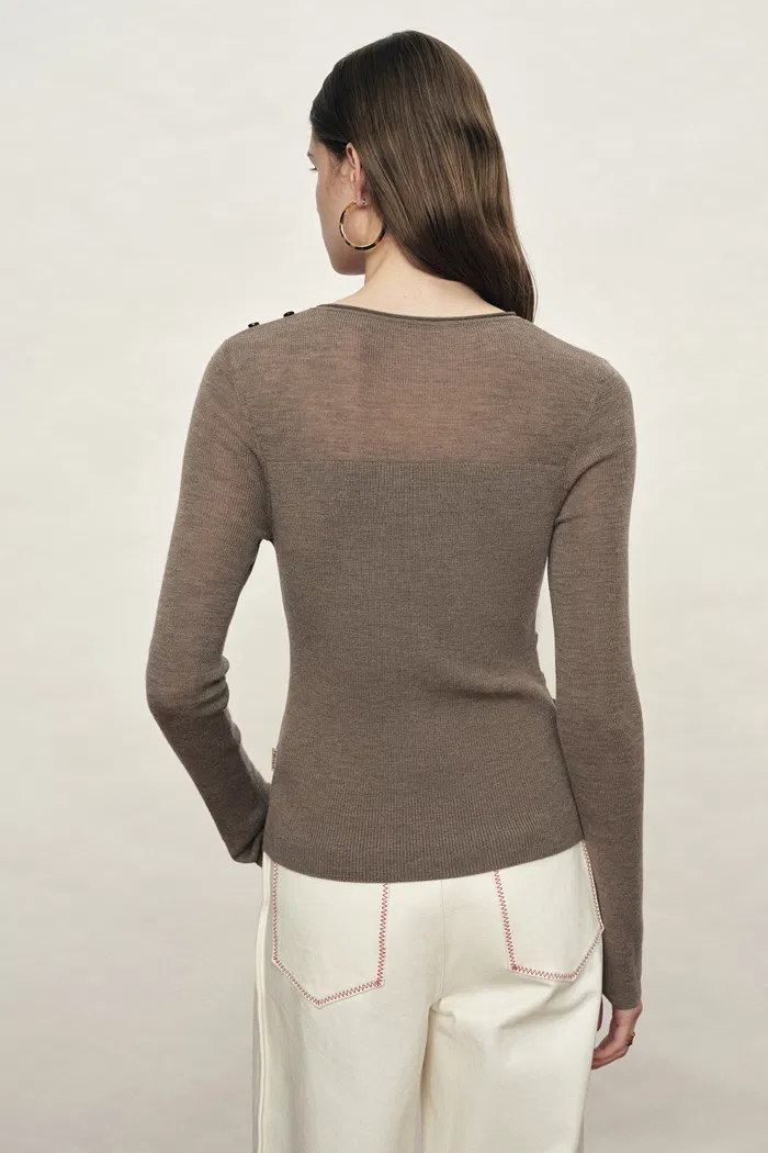 Mariselle Crew-Neck Fitted Long Sleeve Top in Merino Wool Knit - Image 5