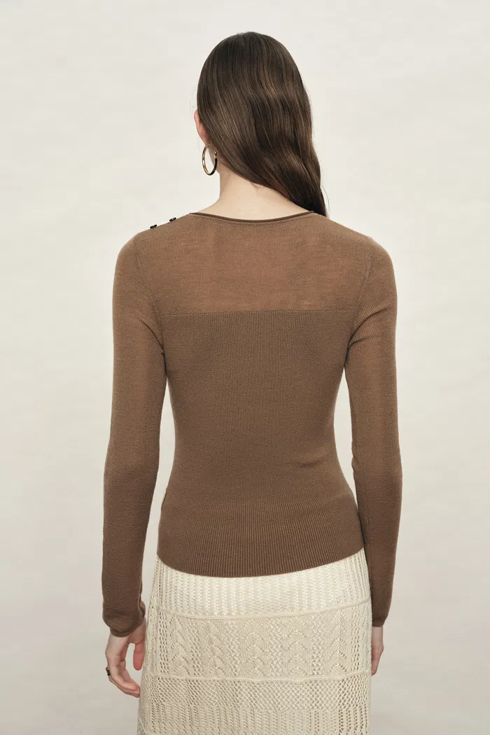 Mariselle Crew-Neck Fitted Long Sleeve Top in Merino Wool Knit - Image 3