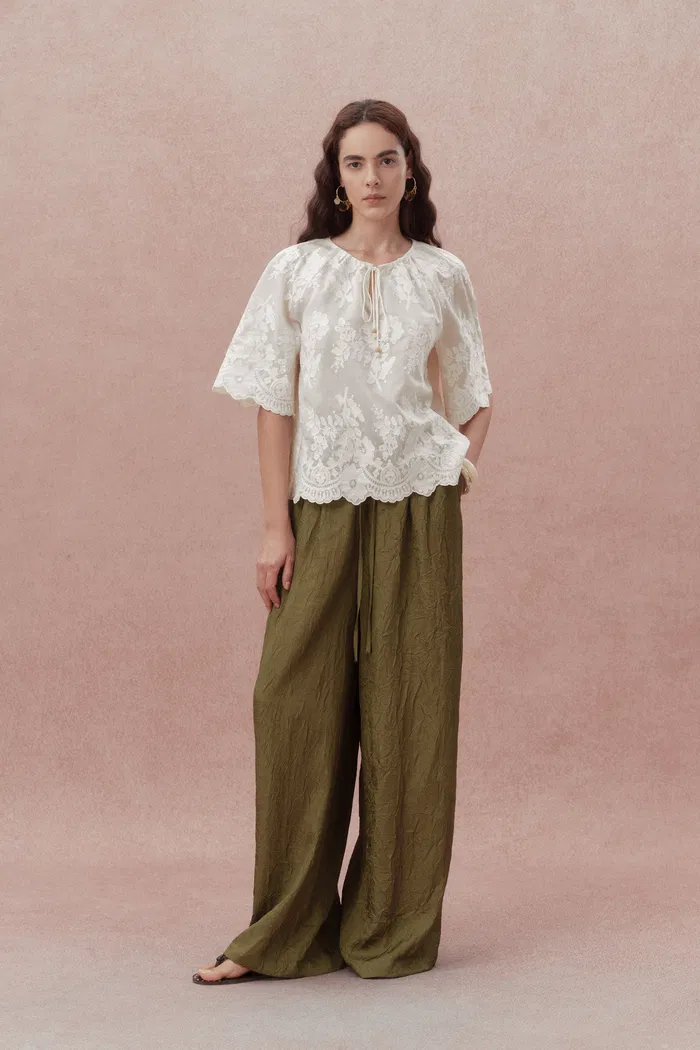 Marjorie Embroidered Short Sleeve Blouse in Sheer Fabric Embroidery - Image 3