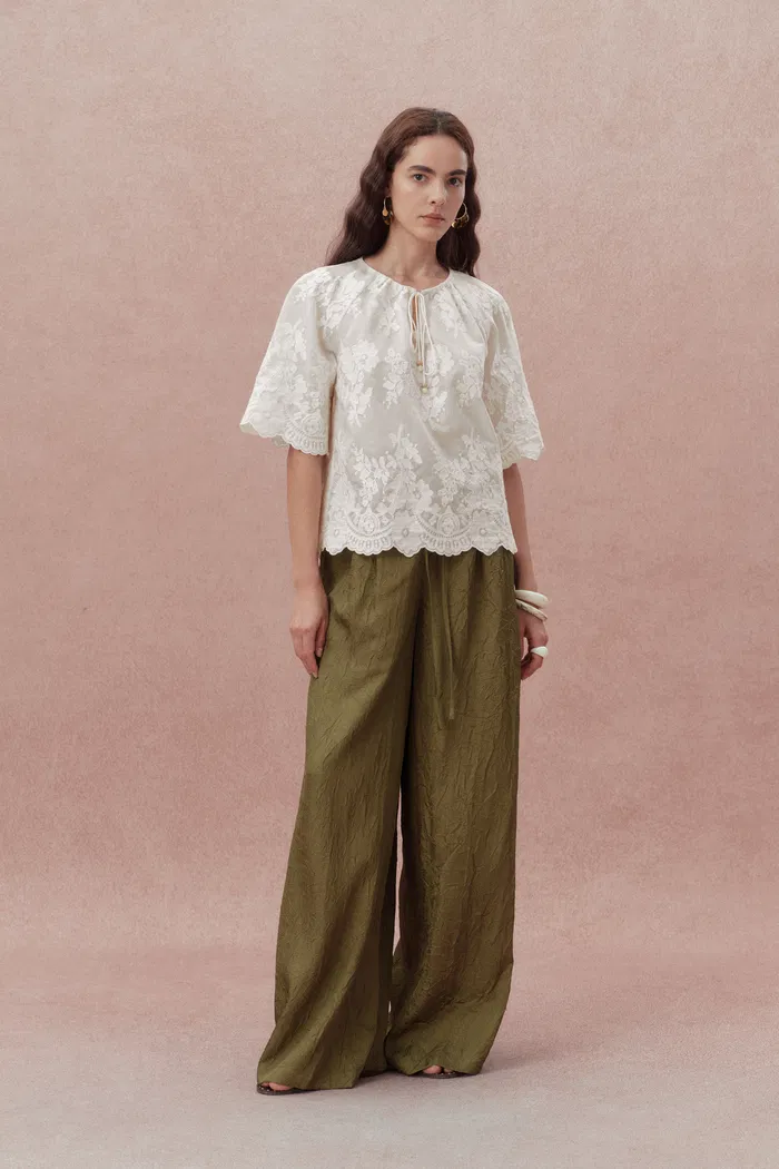 Marjorie Embroidered Short Sleeve Blouse in Sheer Fabric Embroidery - Image 4