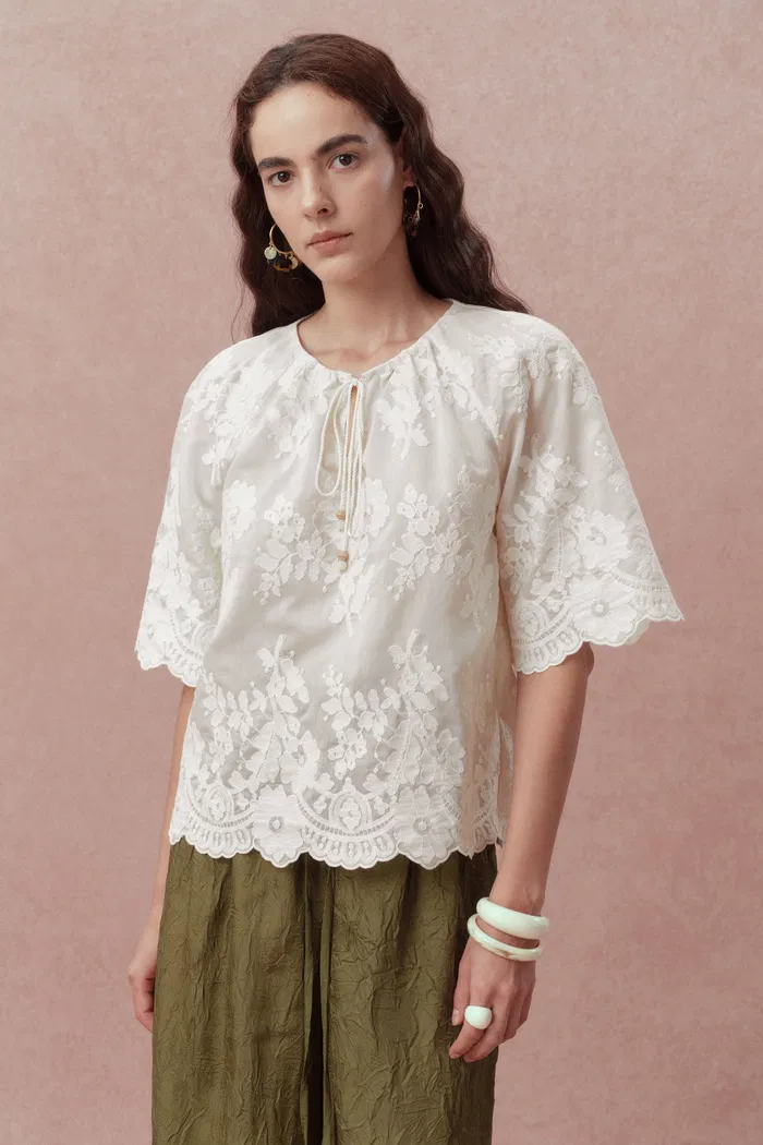 Marjorie Embroidered Short Sleeve Blouse in Sheer Fabric Embroidery - Image 5