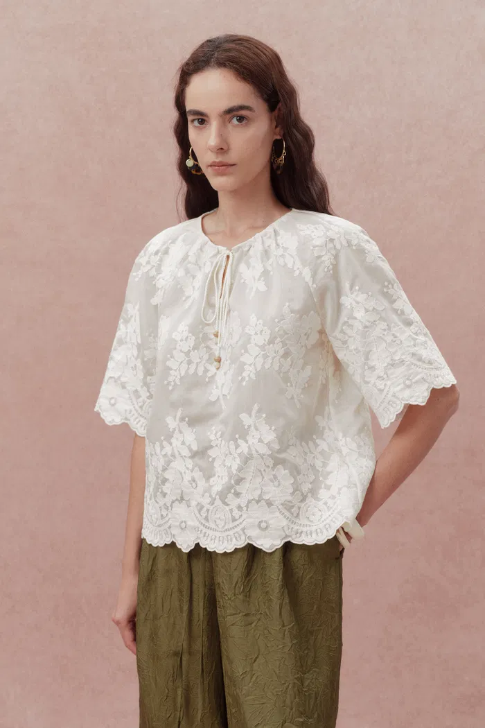 Marjorie Embroidered Short Sleeve Blouse in Sheer Fabric Embroidery - Image 6