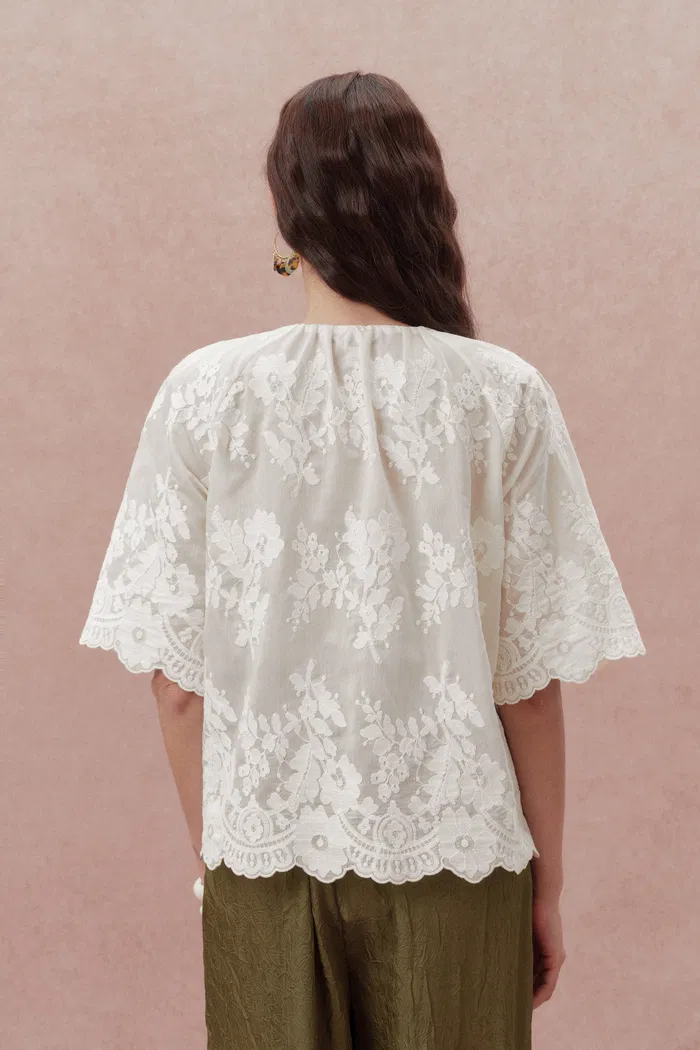 Marjorie Embroidered Short Sleeve Blouse in Sheer Fabric Embroidery - Image 7