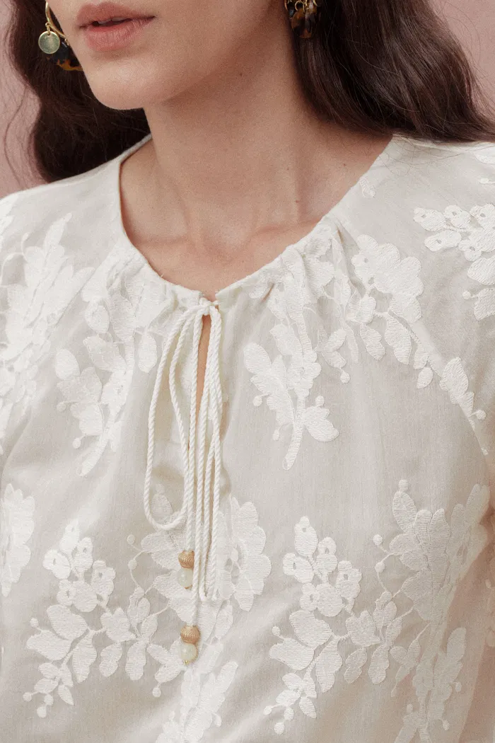 Marjorie Embroidered Short Sleeve Blouse in Sheer Fabric Embroidery - Image 8