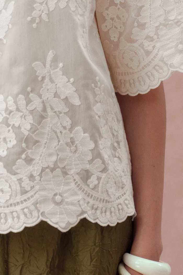 Marjorie Embroidered Short Sleeve Blouse in Sheer Fabric Embroidery - Image 9