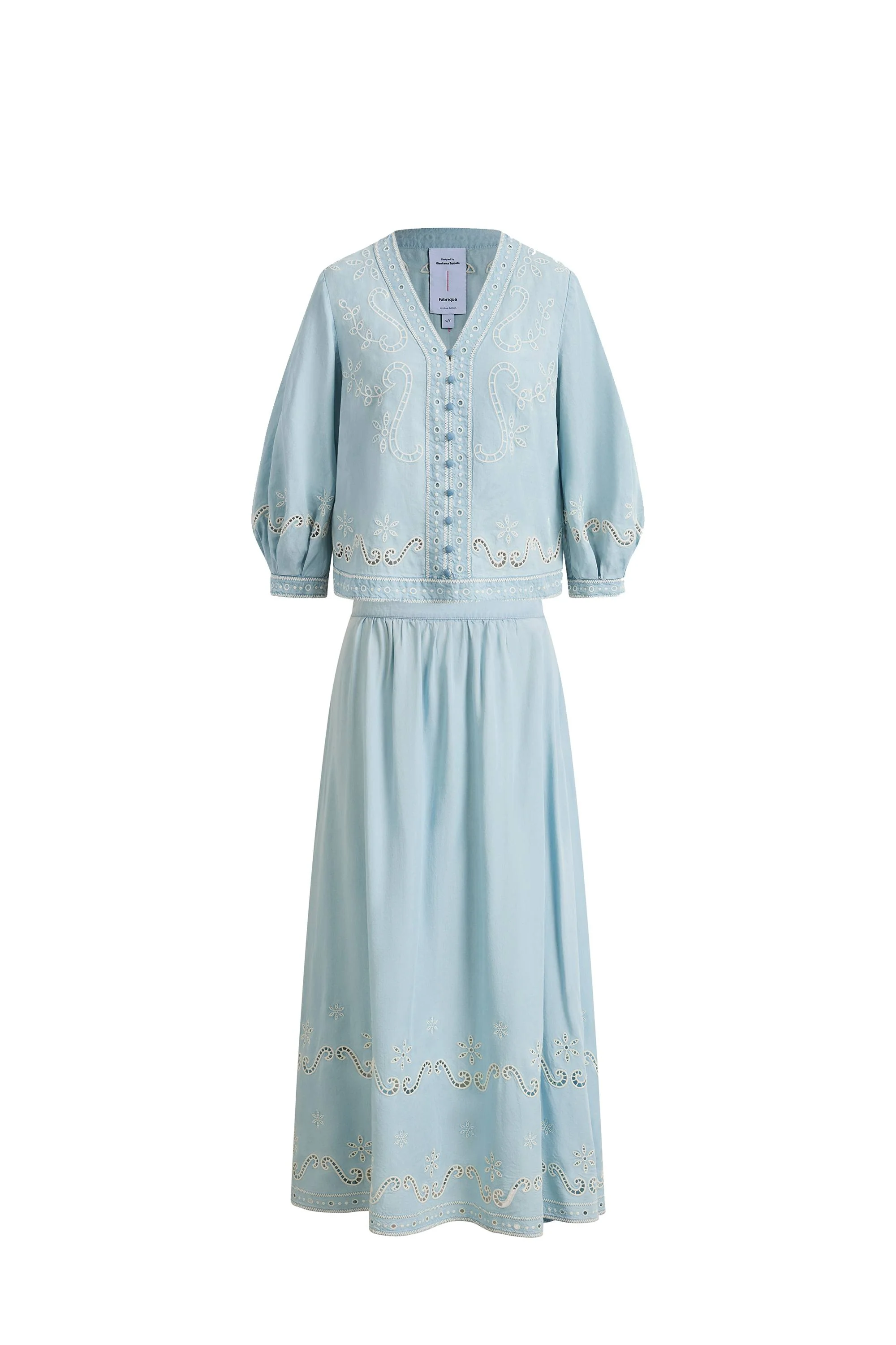 Marmont Pin Tuck Embroidery Blouse and Skirt Matching Set in Tencel Denim - Image 10