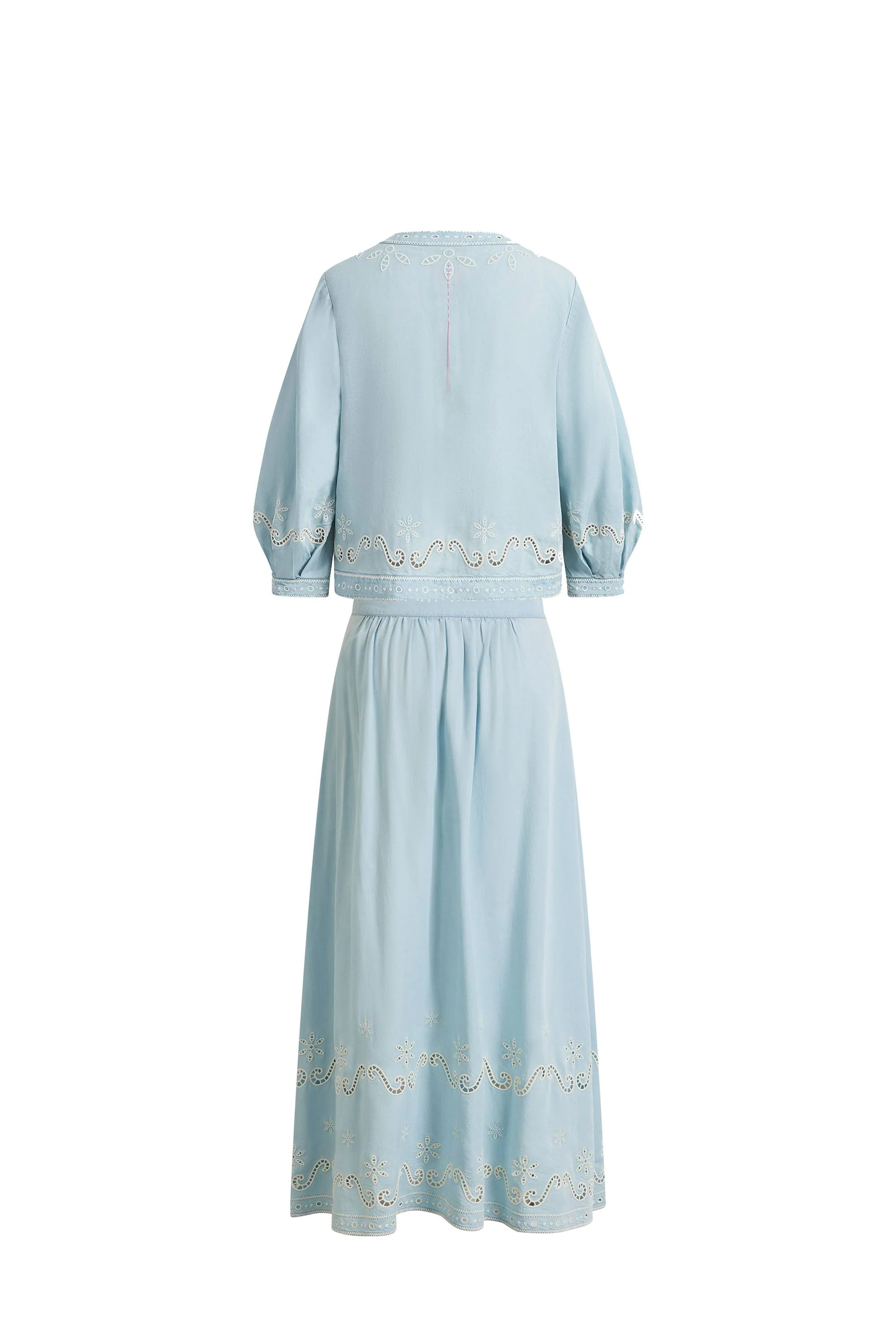 Marmont Pin Tuck Embroidery Blouse and Skirt Matching Set in Tencel Denim - Image 11