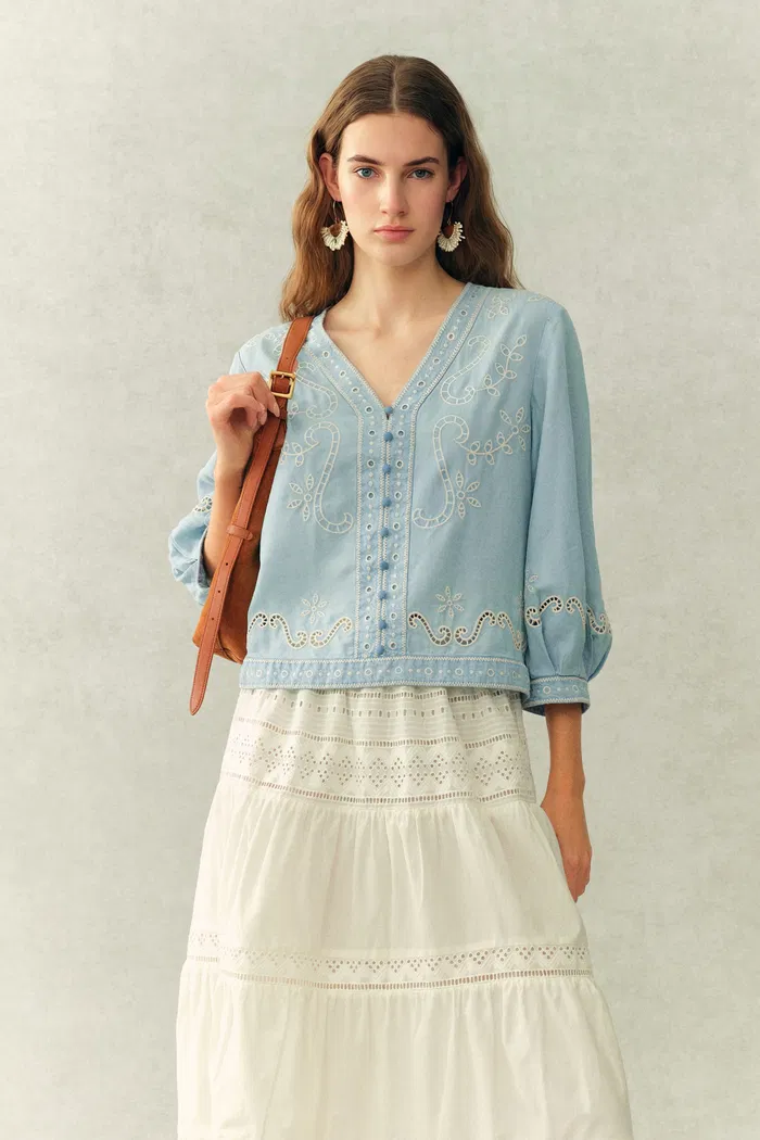 Marmont Pin Tuck Embroidery Blouse and Skirt Matching Set in Tencel Denim - Image 4