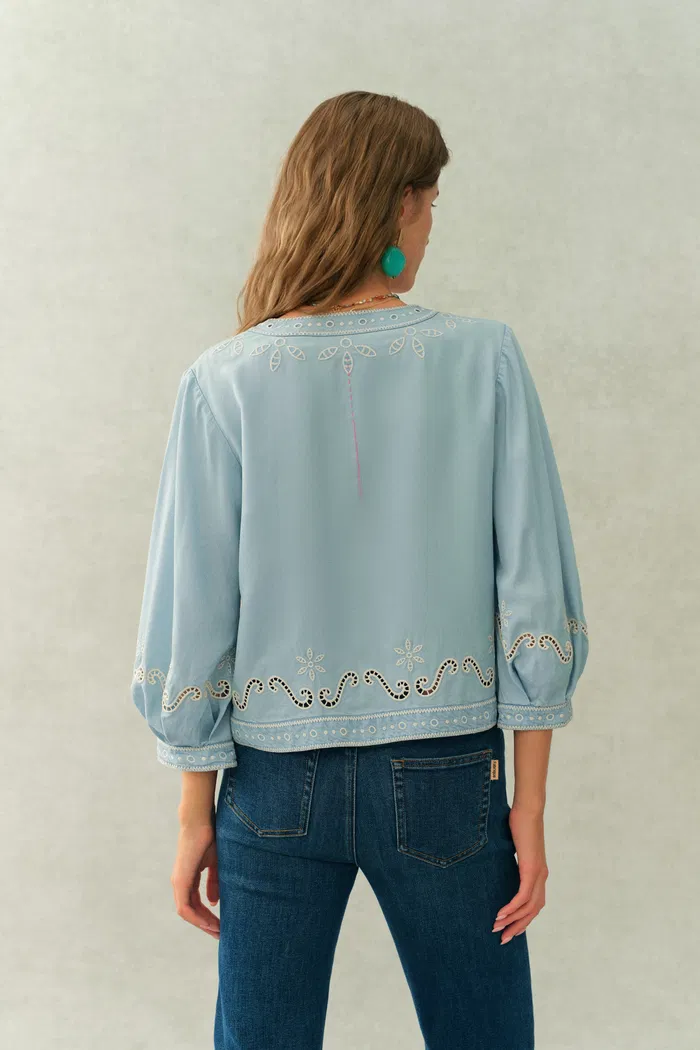 Marmont Pin Tuck Embroidery Blouse and Skirt Matching Set in Tencel Denim - Image 5