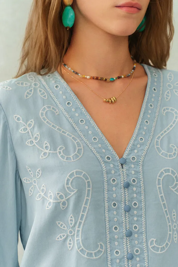 Marmont Pin Tuck Embroidery Blouse and Skirt Matching Set in Tencel Denim - Image 6