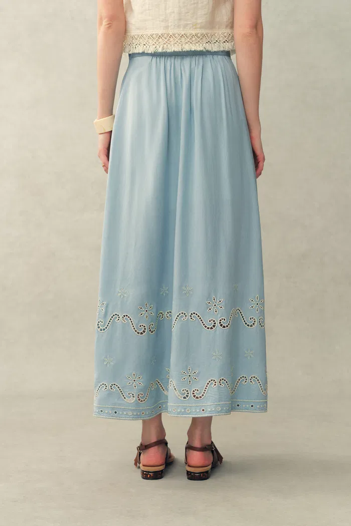 Marmont Pin Tuck Embroidery Blouse and Skirt Matching Set in Tencel Denim - Image 7