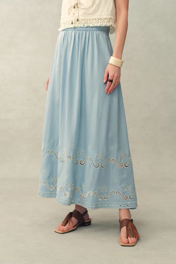 Marmont Pin Tuck Embroidery Blouse and Skirt Matching Set in Tencel Denim - Image 8