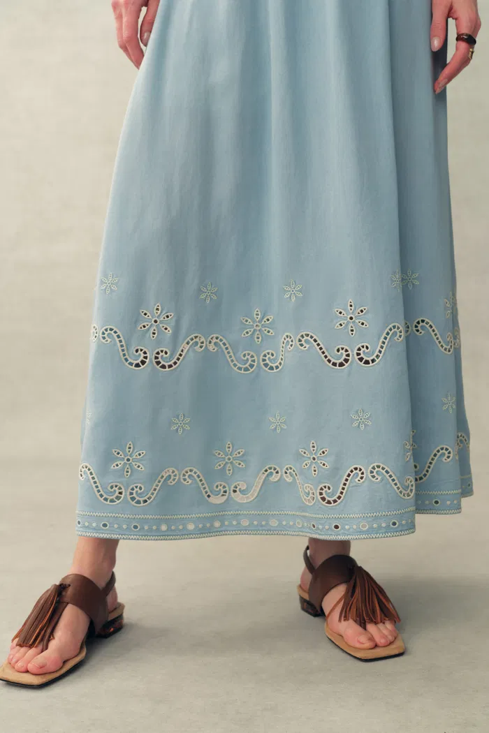 Marmont Pin Tuck Embroidery Blouse and Skirt Matching Set in Tencel Denim - Image 9
