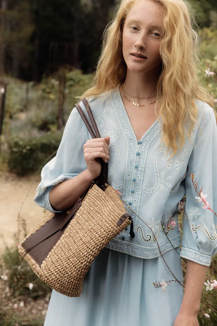 Marmont Pin Tuck Embroidery Blouse in Tencel Denim - Image 3