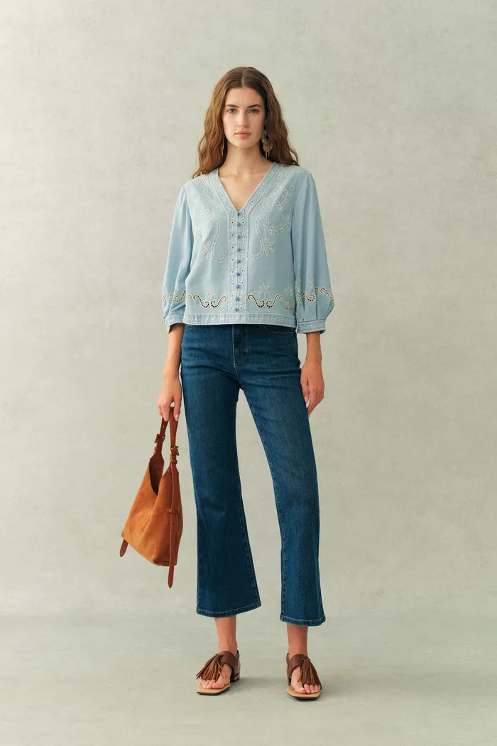 Marmont Pin Tuck Embroidery Blouse in Tencel Denim - Image 4