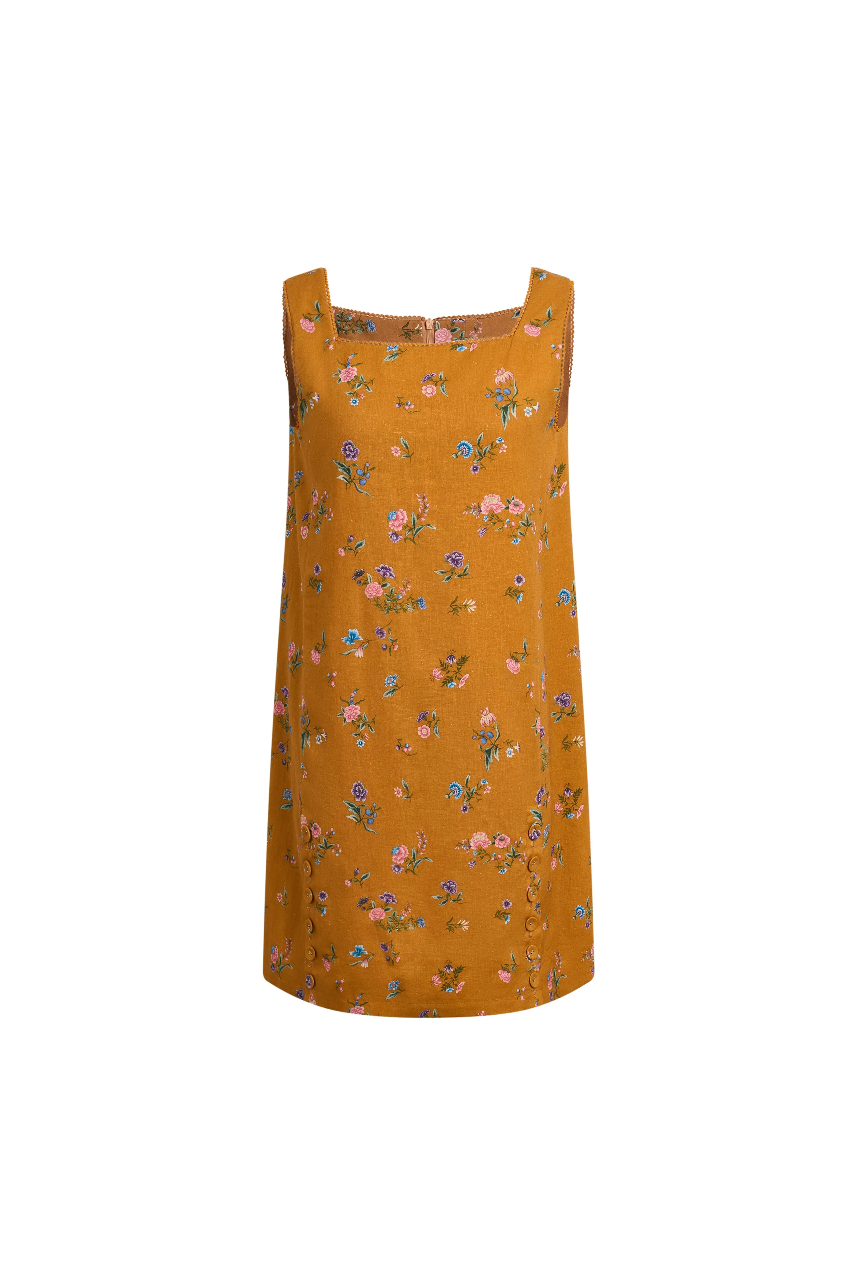 Mary Floral Square Neck Sleeveless Short Strap Dress in Linen Blend - Image 9