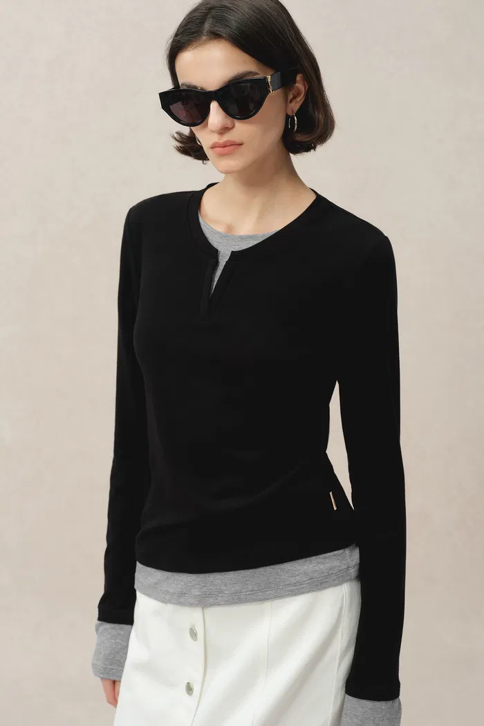 Maya Black and Grey Layered Look Long Sleeve Top in Tencel-Merino - Image 2