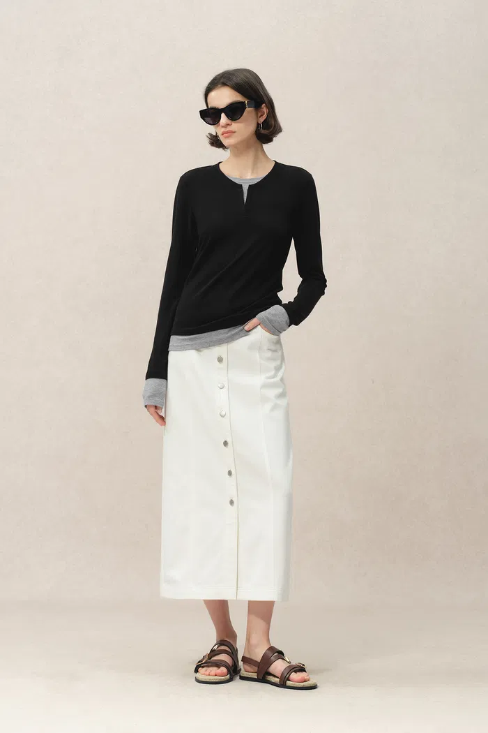 Maya Black and Grey Layered Look Long Sleeve Top in Tencel-Merino - Image 3