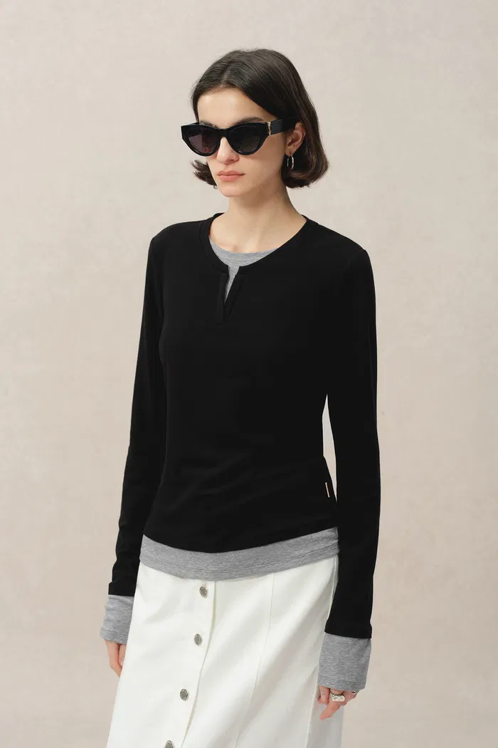 Maya Black and Grey Layered Look Long Sleeve Top in Tencel-Merino - Image 4