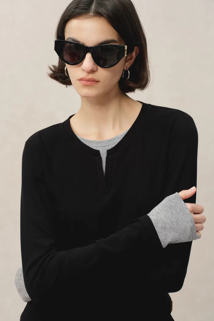 Maya Black and Grey Layered Look Long Sleeve Top in Tencel-Merino - Image 5