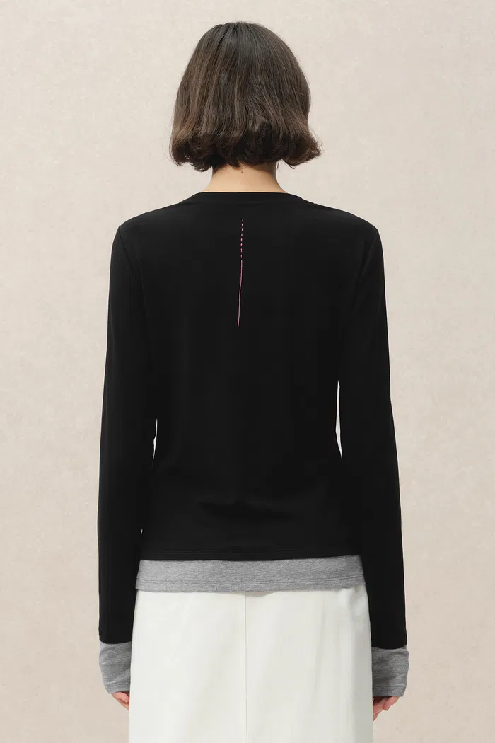Maya Black and Grey Layered Look Long Sleeve Top in Tencel-Merino - Image 6