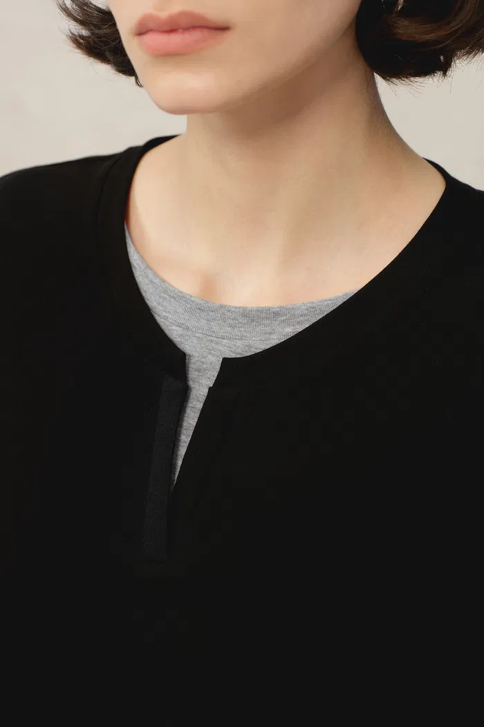 Maya Black and Grey Layered Look Long Sleeve Top in Tencel-Merino - Image 7