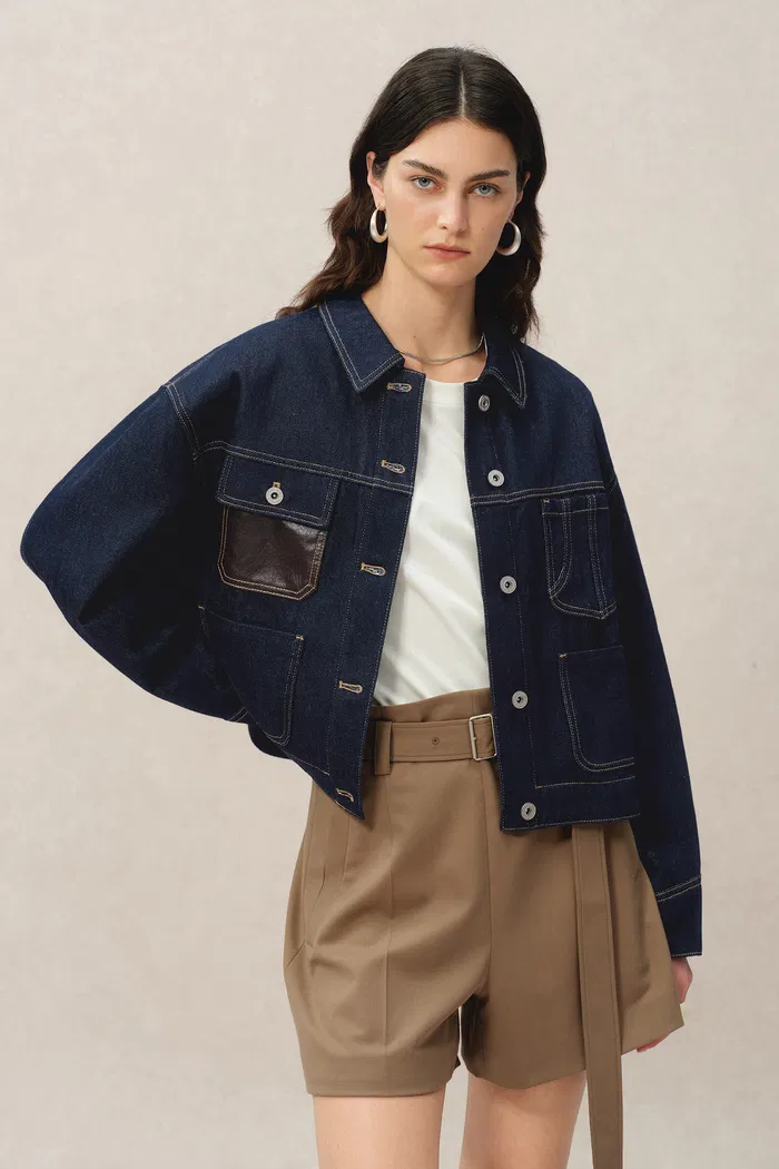 Maya Leather Patchwork Jacket in Raw Tencel Denim - Image 2
