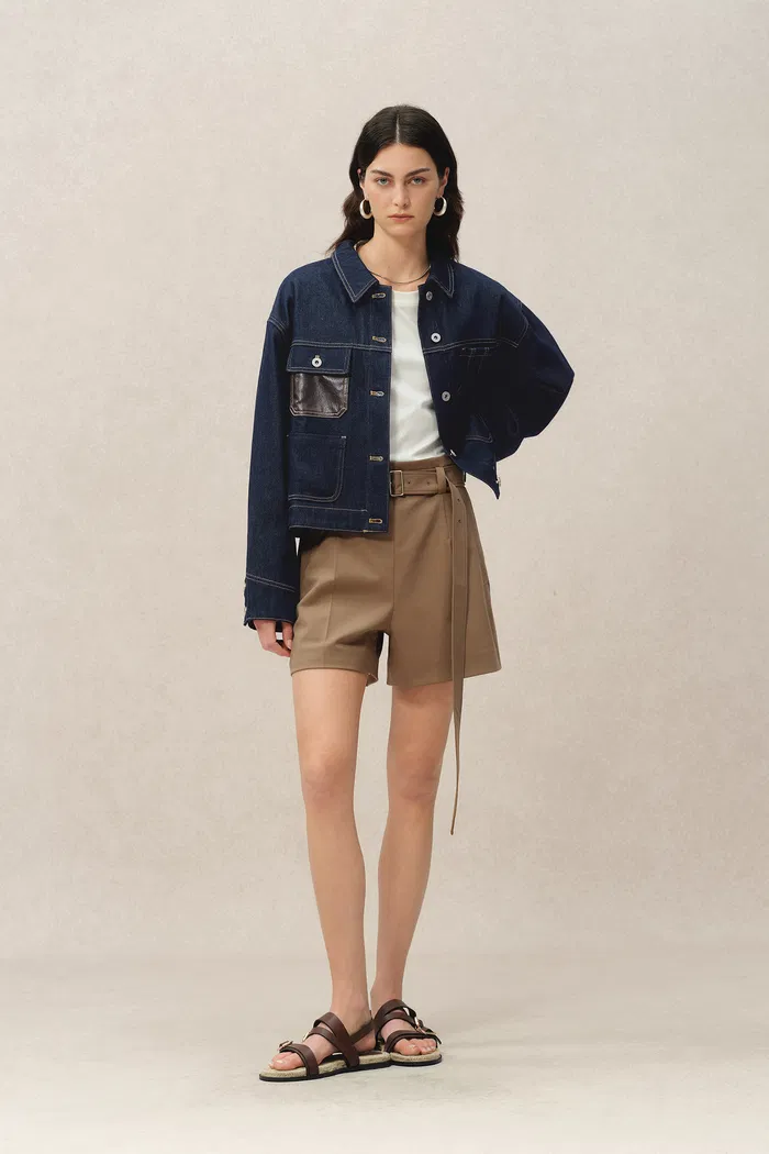 Maya Leather Patchwork Jacket in Raw Tencel Denim - Image 3