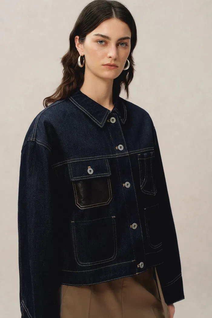 Maya Leather Patchwork Jacket in Raw Tencel Denim - Image 4