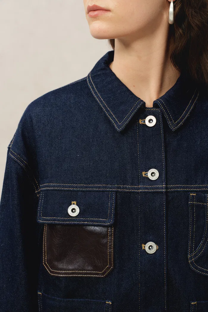 Maya Leather Patchwork Jacket in Raw Tencel Denim - Image 5