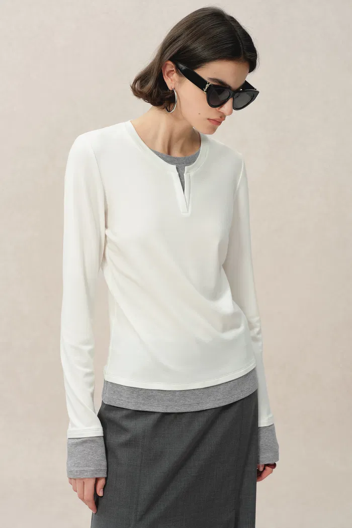 Maya White and Grey Layered Look Block Top in Tencel-Merino Tech - Image 6