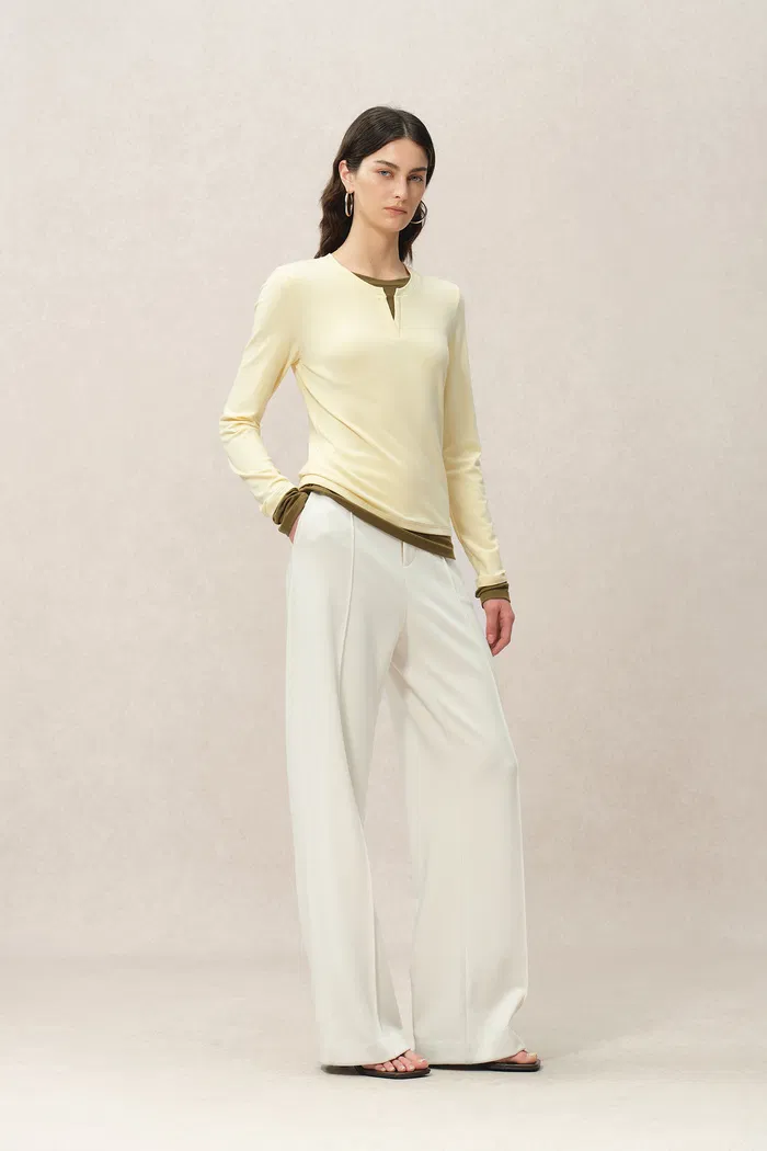 Maya Yellow and Brown Layered Look Long Sleeve Top in Tencel-Merino Tech - Image 3