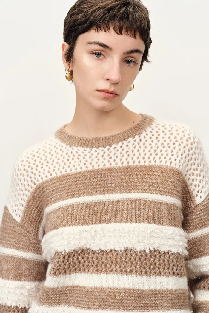 Megan Multi Texture Striped Sweater in Merino Mohair Wool Knit - Image 3
