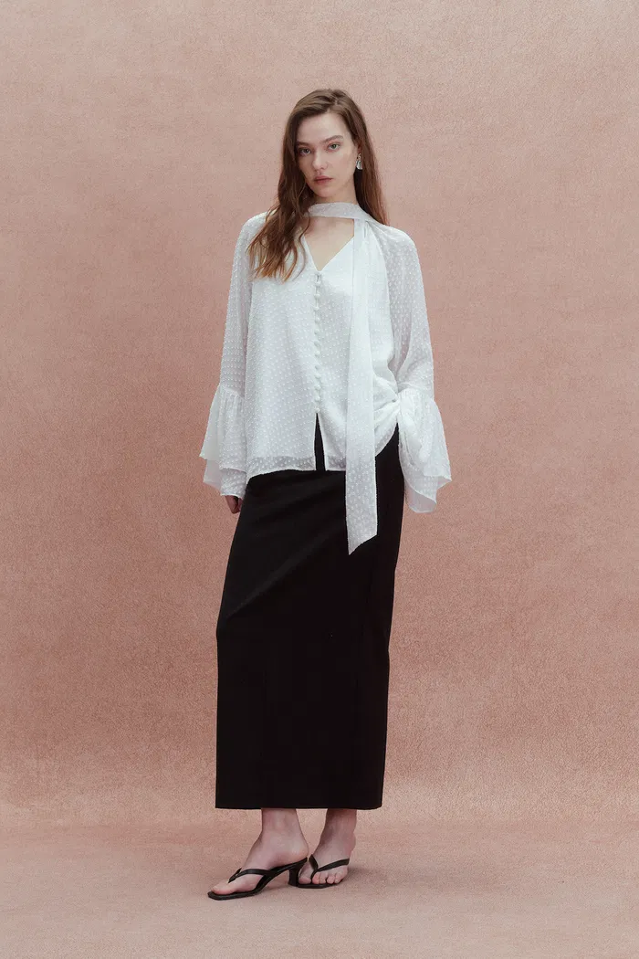 Megan Ruffle Polka Dot Shirt in Mulberry Silk Burnout Jacquard - Image 3