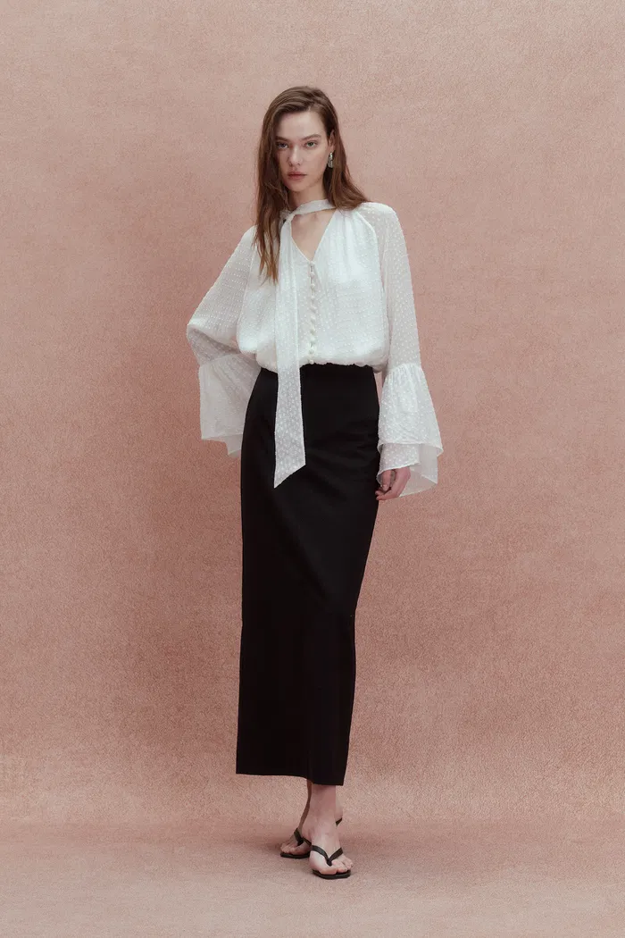 Megan Ruffle Polka Dot Shirt in Mulberry Silk Burnout Jacquard - Image 4