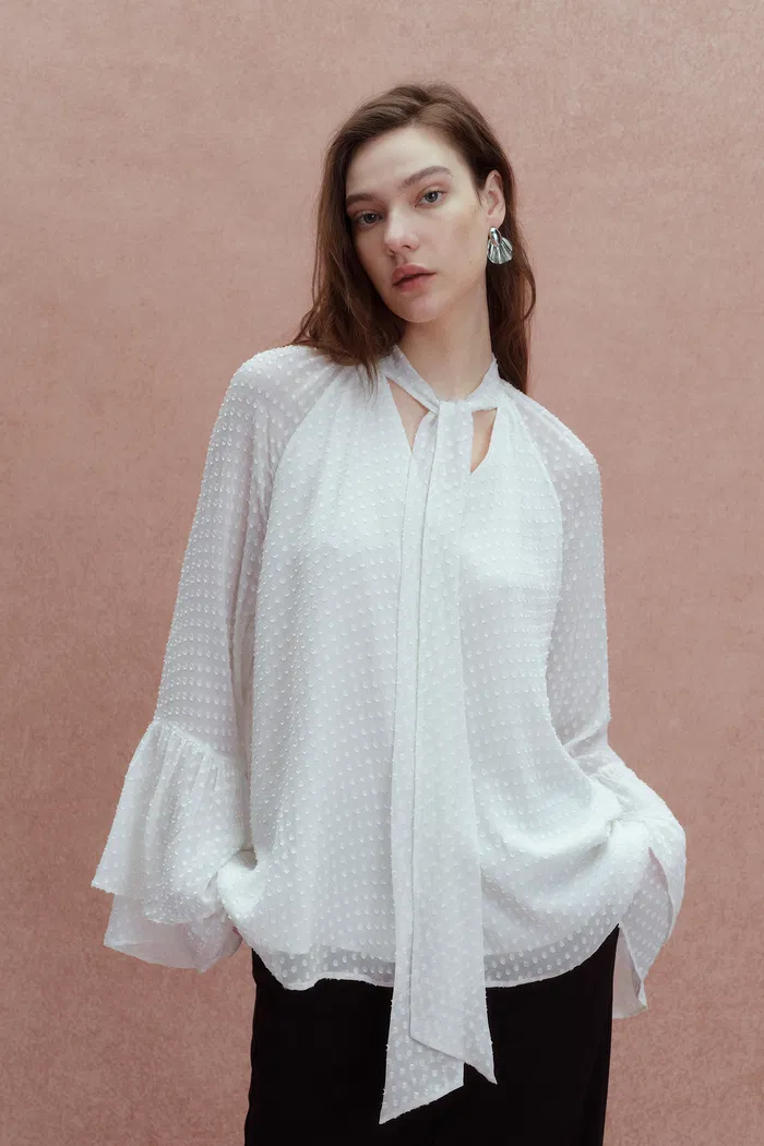 Megan Ruffle Polka Dot Shirt in Mulberry Silk Burnout Jacquard - Image 5