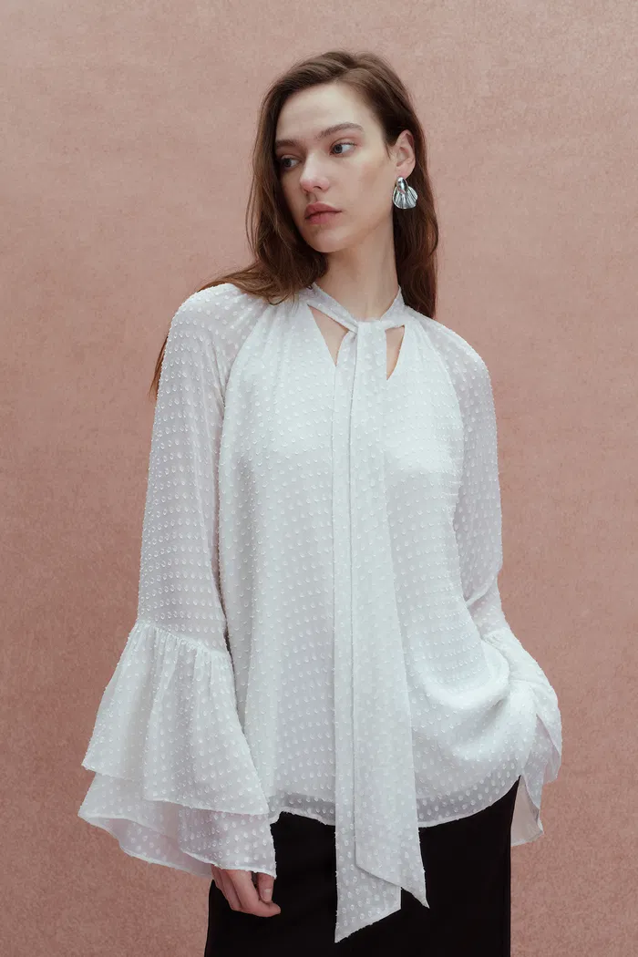 Megan Ruffle Polka Dot Shirt in Mulberry Silk Burnout Jacquard - Image 6