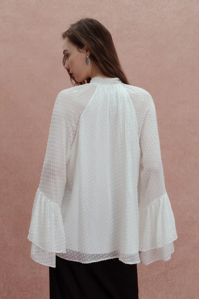 Megan Ruffle Polka Dot Shirt in Mulberry Silk Burnout Jacquard - Image 7