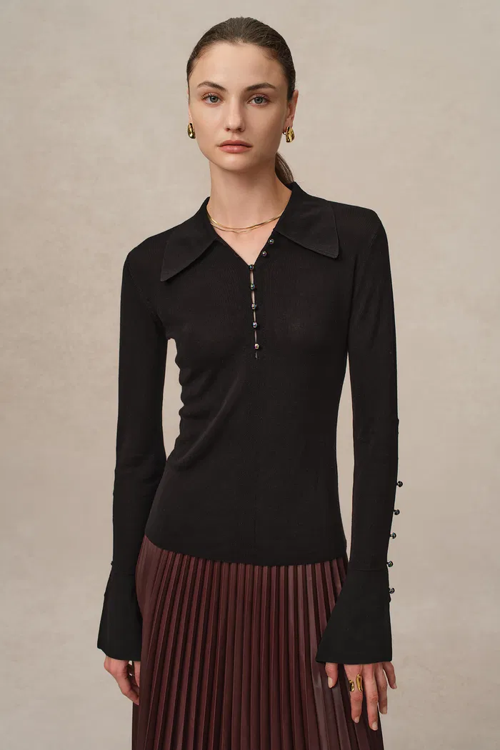 Mia Bell Sleeve Fitted Top in Silk Blend Knit - Image 2