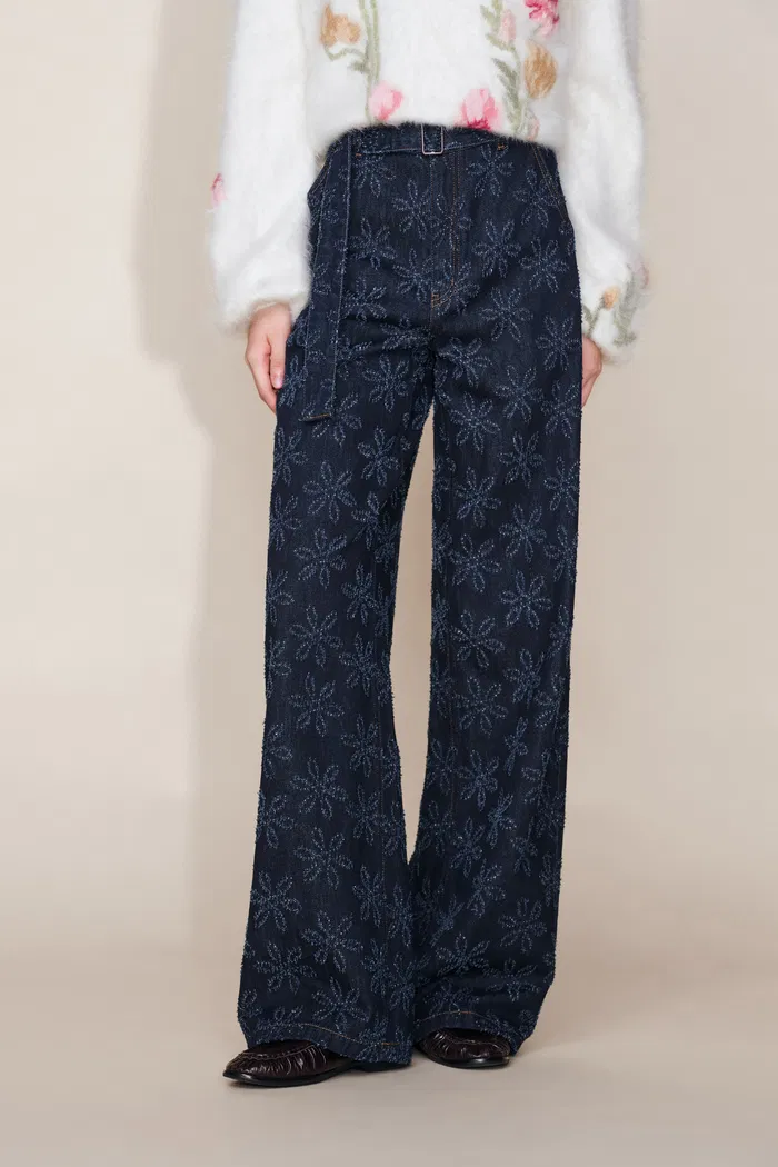 Mia Flora Straight Wide Leg Jeans in Cotton Jacquard Denim - Image 4