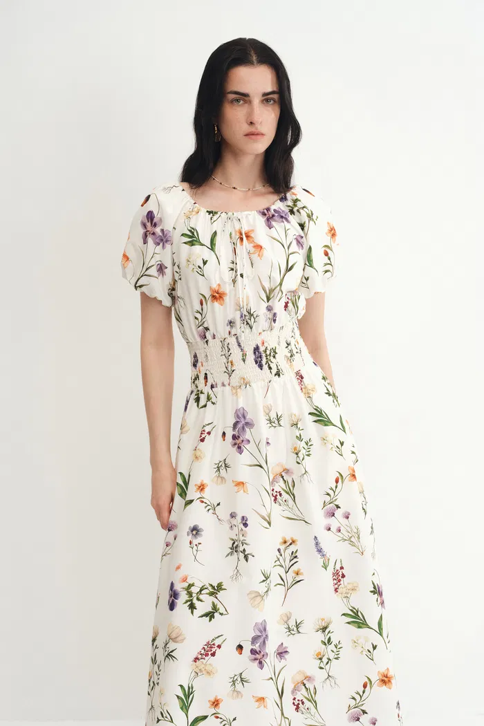 Mia Hand Painted Floral Dress in Silk-Cotton - Image 5