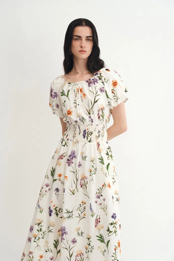 Mia Hand Painted Floral Dress in Silk-Cotton - Image 6