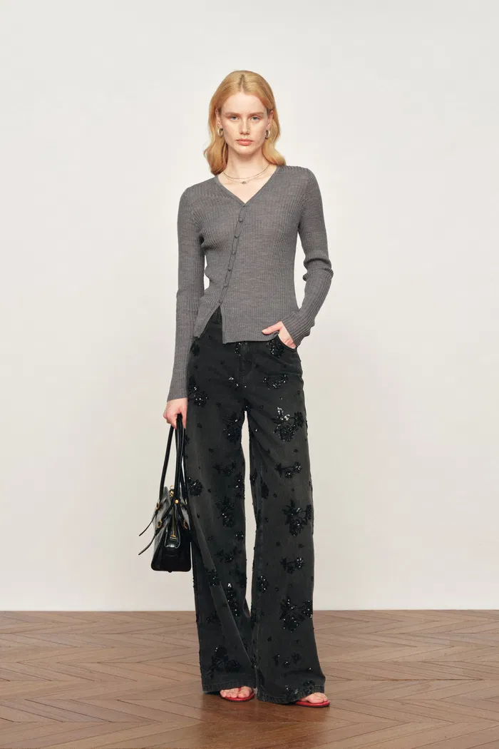 Mia Off-Center V-Neck Fitted Knit Cardigan In Lightweight Merino Wool Blend