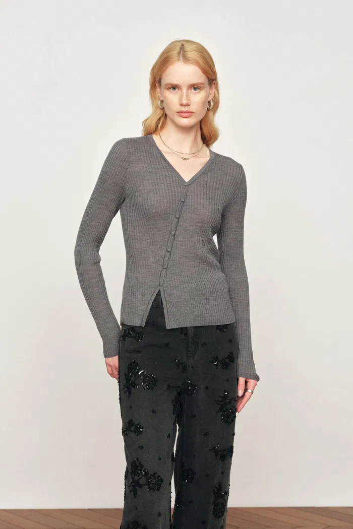 Mia Off-Center V-Neck Fitted Knit Cardigan In Lightweight Merino Wool Blend - Image 3