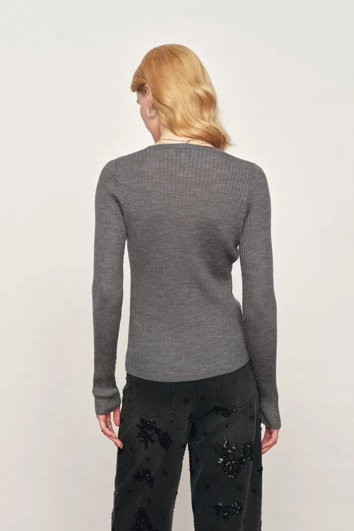 Mia Off-Center V-Neck Fitted Knit Cardigan In Lightweight Merino Wool Blend - Image 4