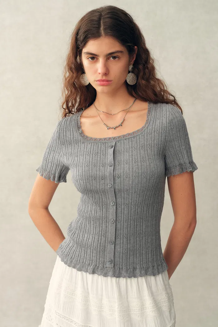 Mia Pointelle Square Neck Short Sleeve Cardigan in Cotton Knit - Image 2